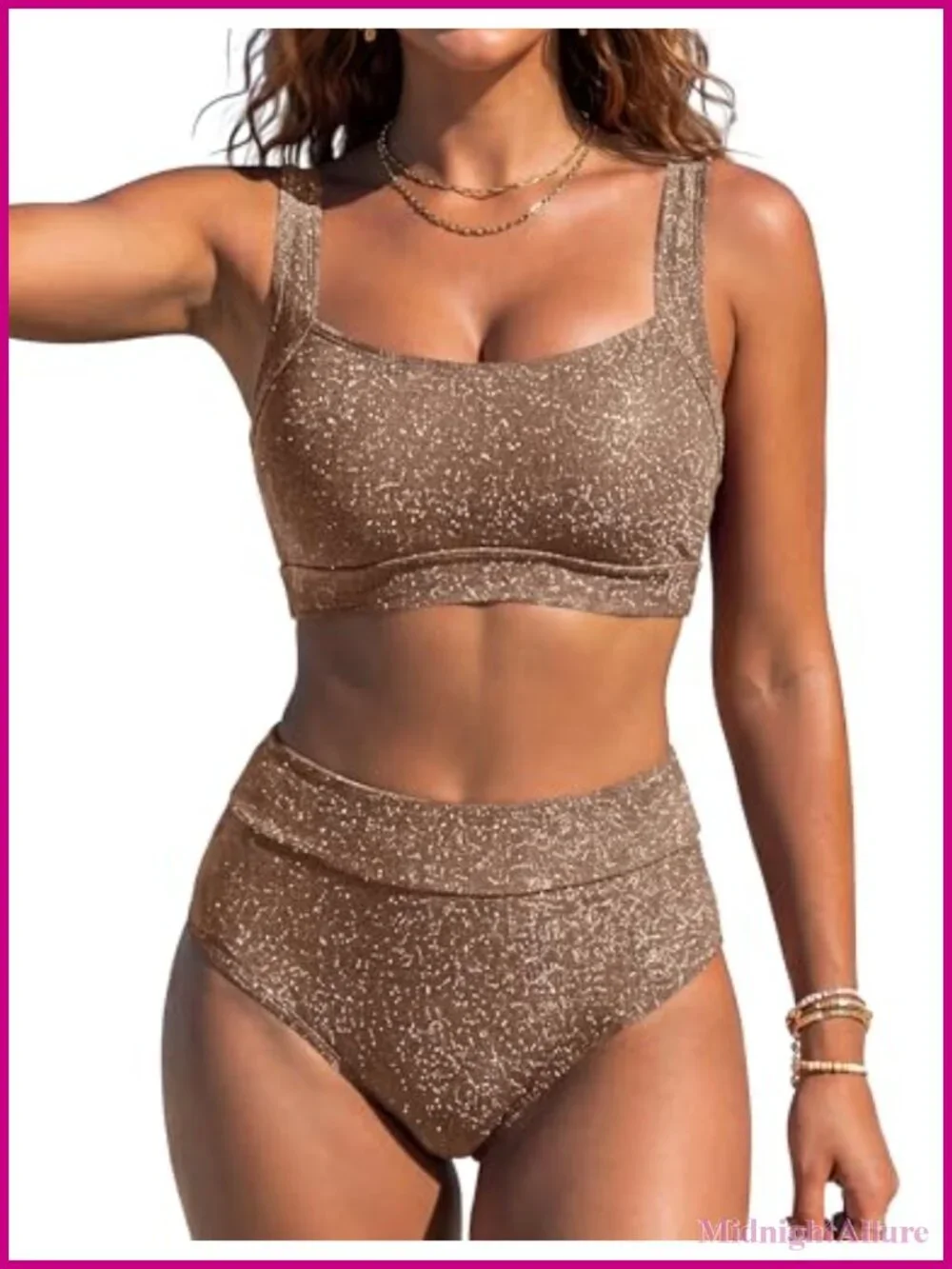 Women High Waisted Bikini Set Tummy Control Sparkly Solid 2 Piece Bathing Suit